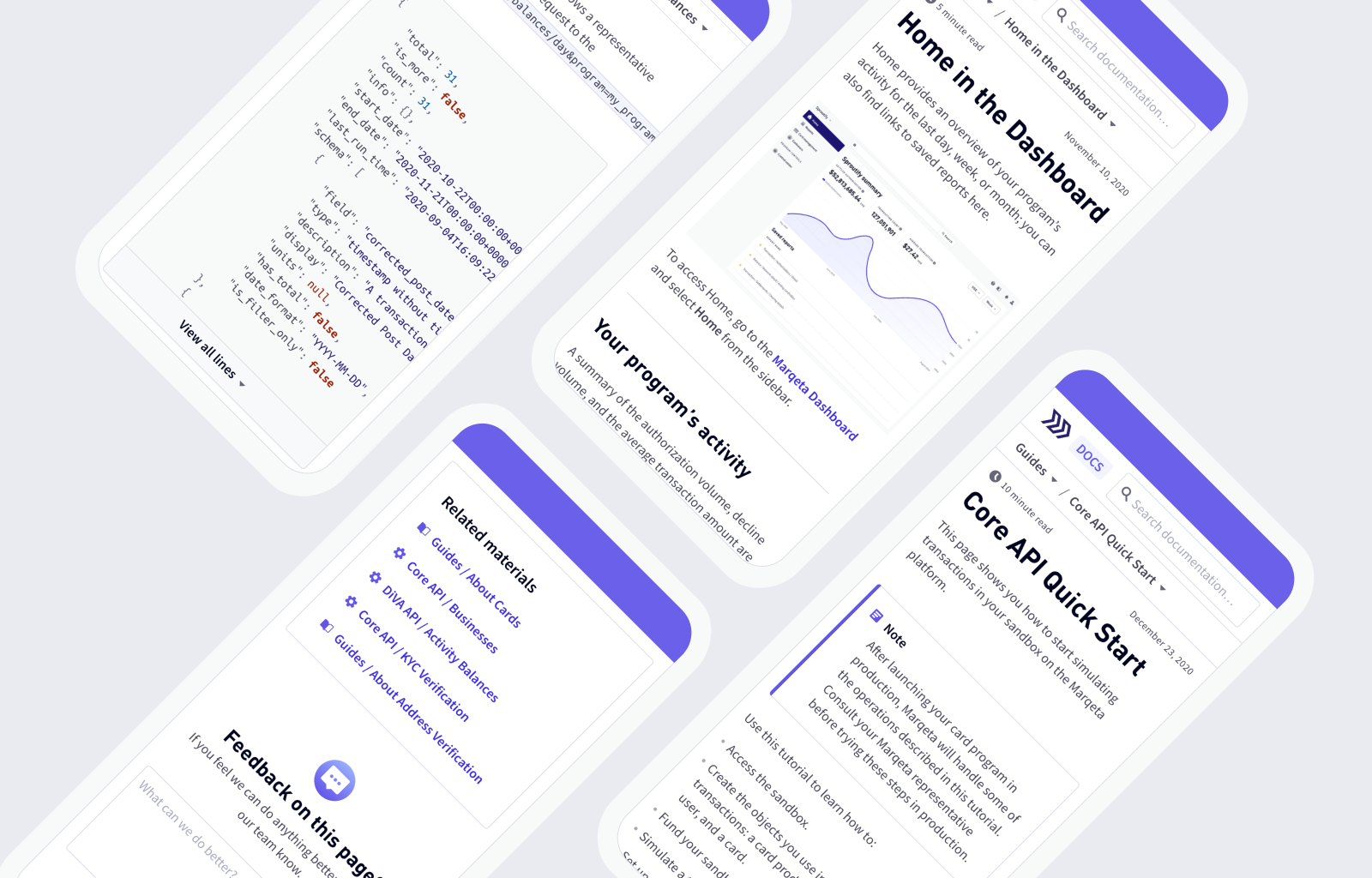 Three iPhone mockups of Marqeta Docs on mobile