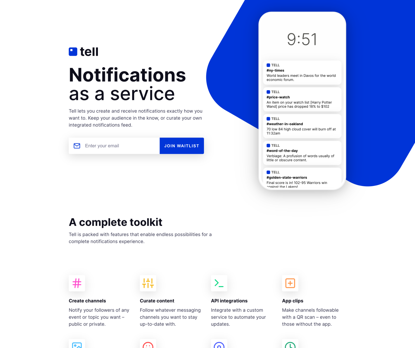 Screenshot of the Tell app landing page